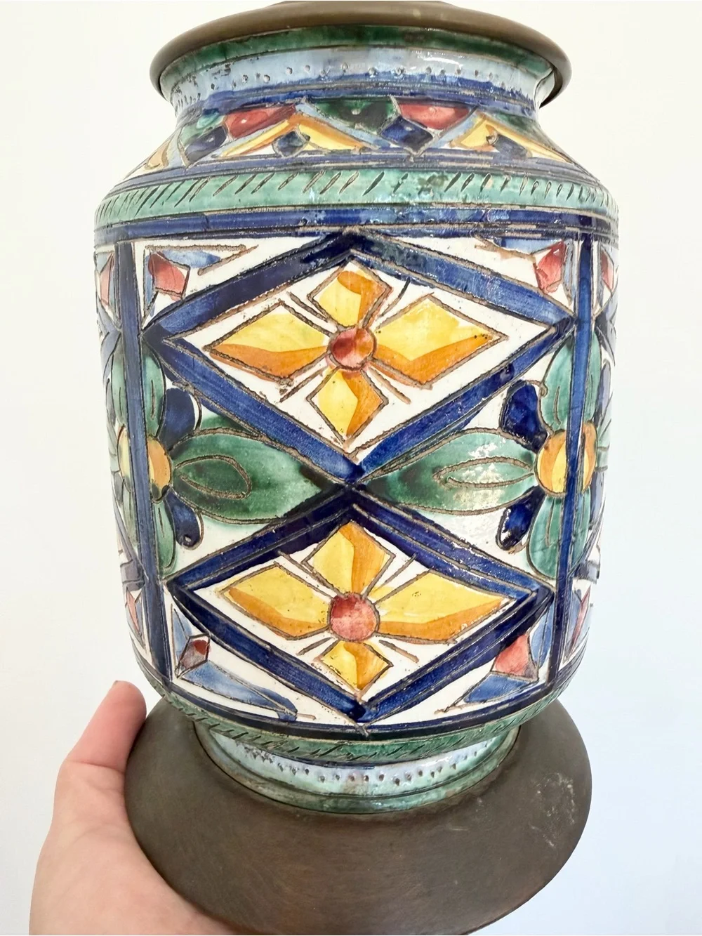 Vintage Majolica Hand Painted Italian Lamp WORKS Gorgeous Floral Geo Print Blue